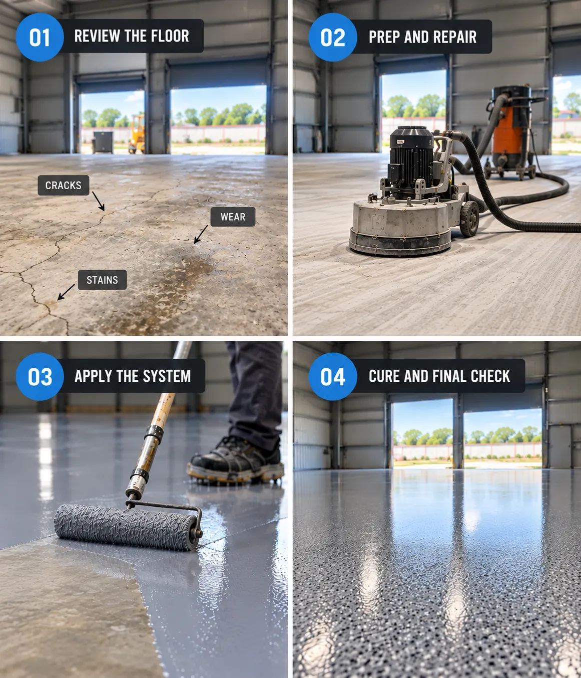 Four stages of an Epoxy Floors Houston install: a cracked, stained slab marked up for review; a planetary grinder and vacuum prepping it; coating rolled out over the prepared floor; and the cured floor in a finished metal building